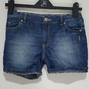 Silver lacy dark wash jean shorts